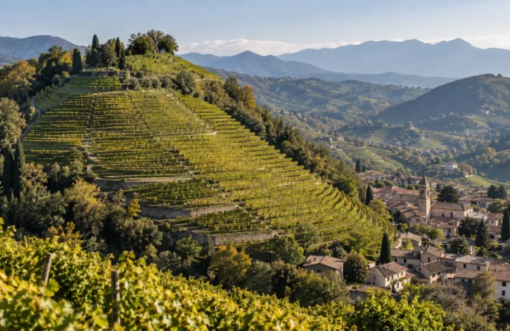 Parcelă viticolă abruptă de tip Rive deasupra unui sat din Conegliano Valdobbiadene