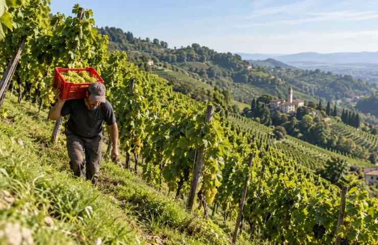Viticultor care transportă manual struguri pe o pantă abruptă din Conegliano Valdobbiadene